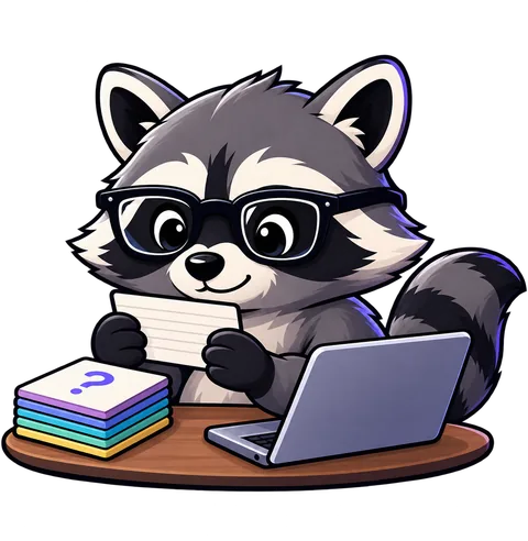 The ostudy raccoon holding a flashcard